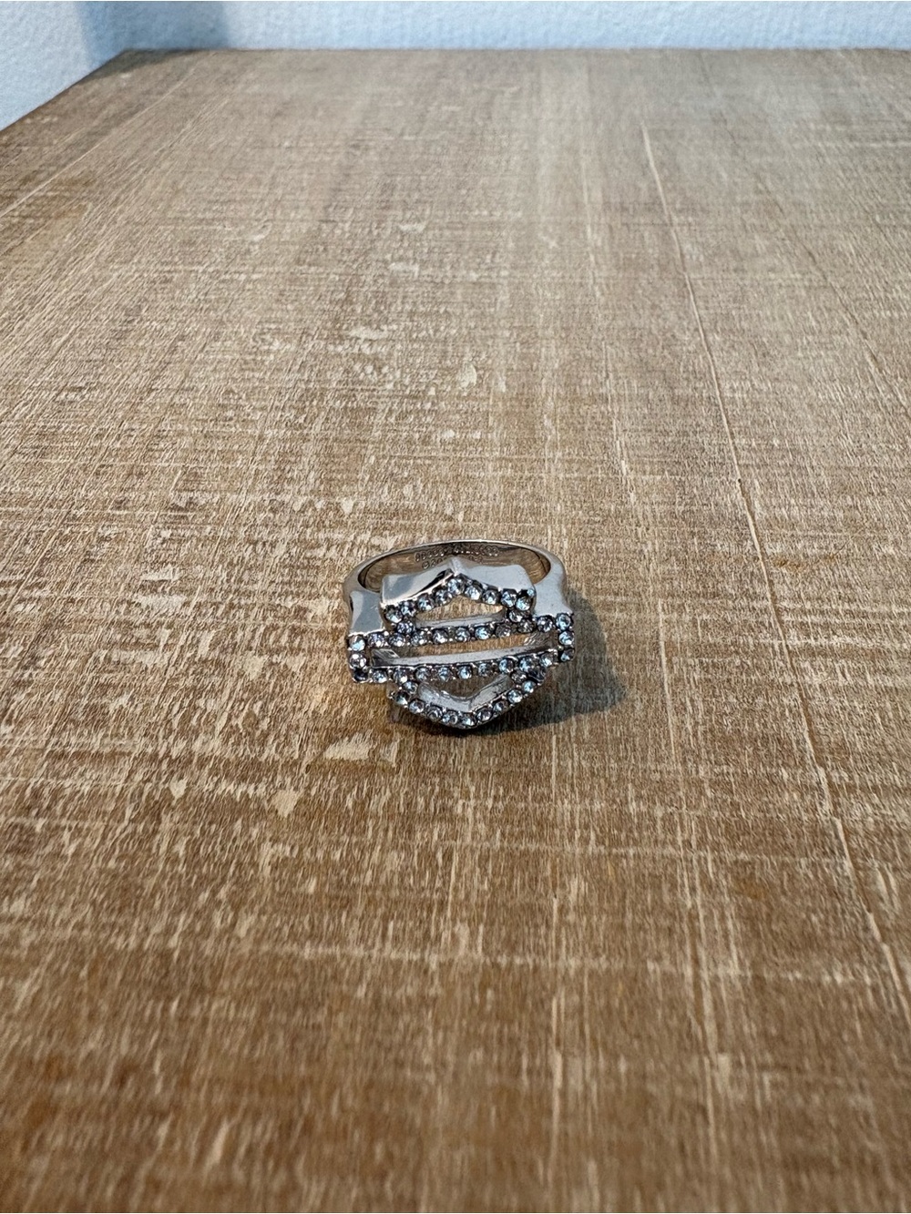 Harley-Davidson Silver Crystal Bar & Shield Logo Accent Ring, sz 7